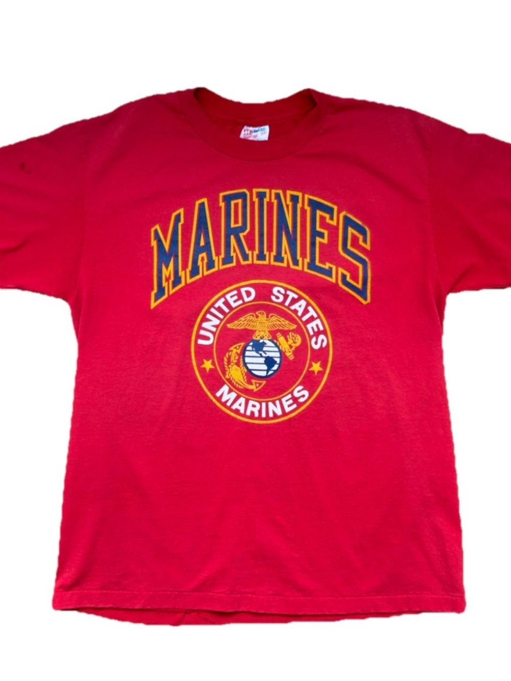 Vintage USMC Marines T Shirt Mens L Hanes 50/50 Single Stitch Made in USA FLAWS